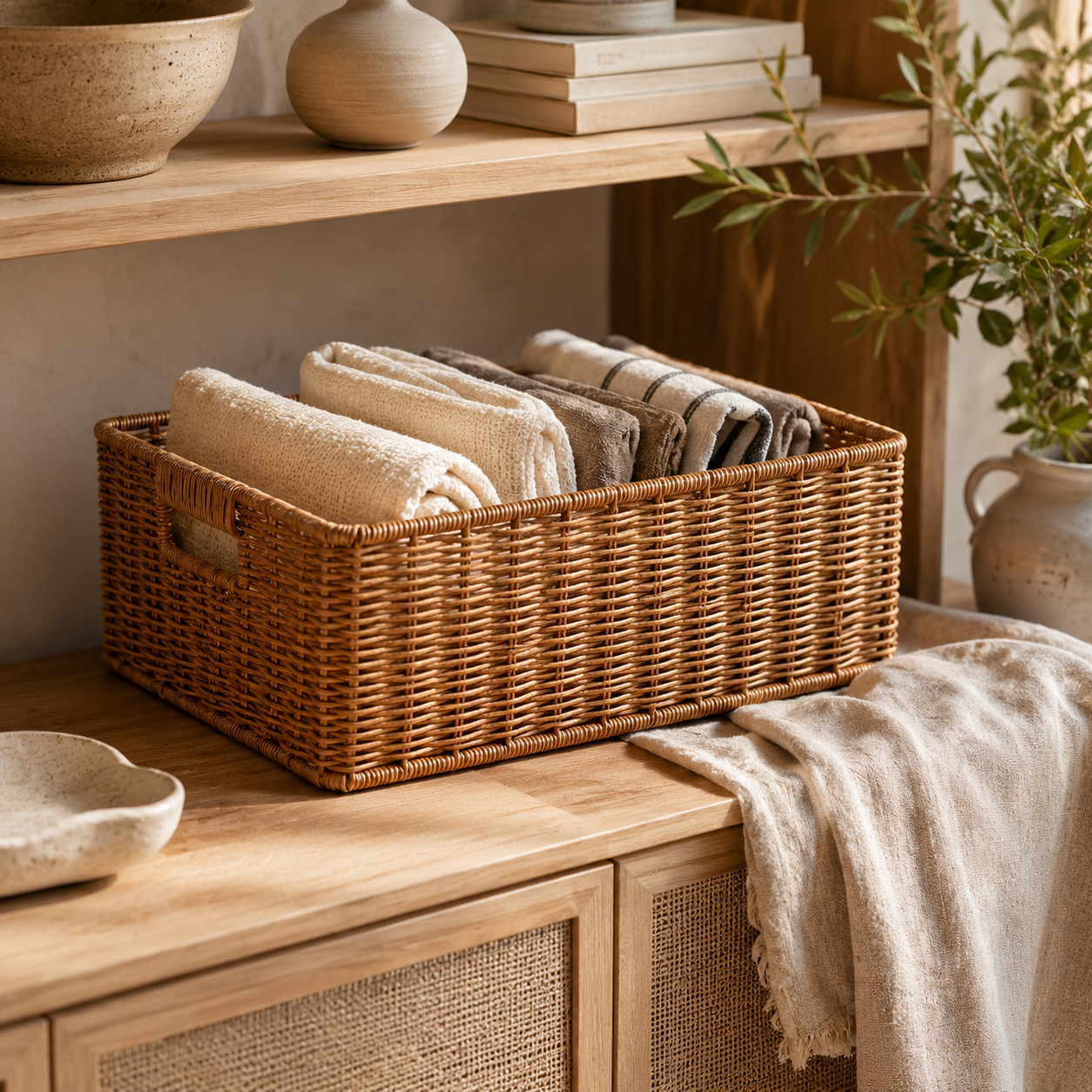 Rectangular Wicker Basket for Shelf Storage woven detail view