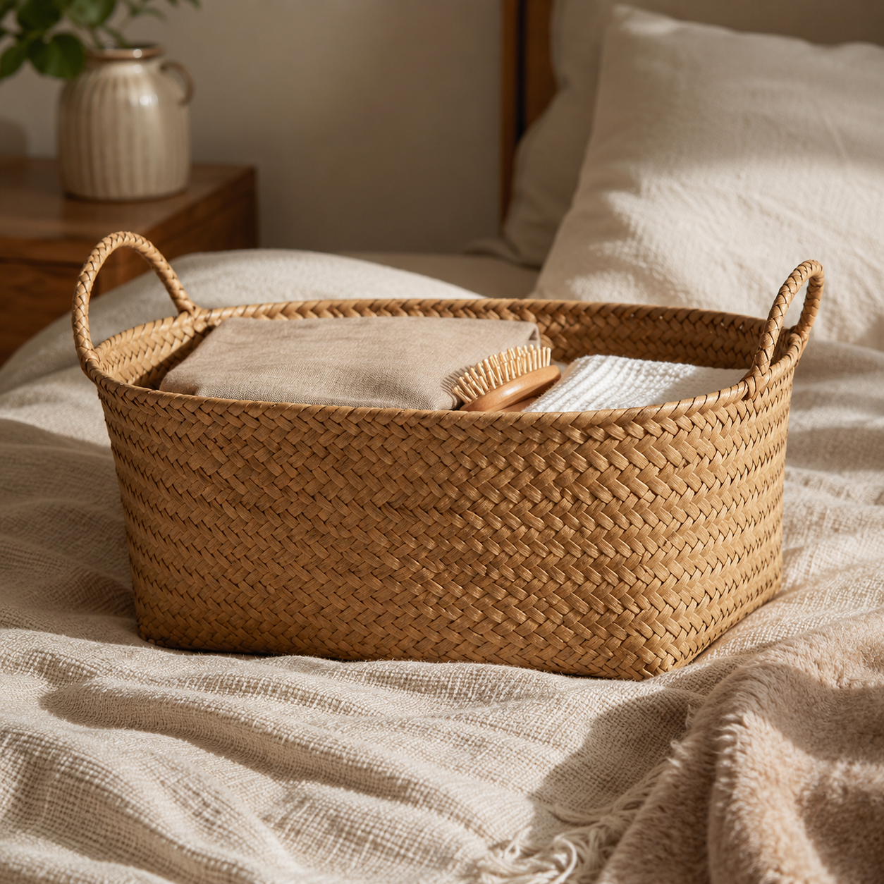 Woven Rattan Storage Basket with Handles close-up texture
