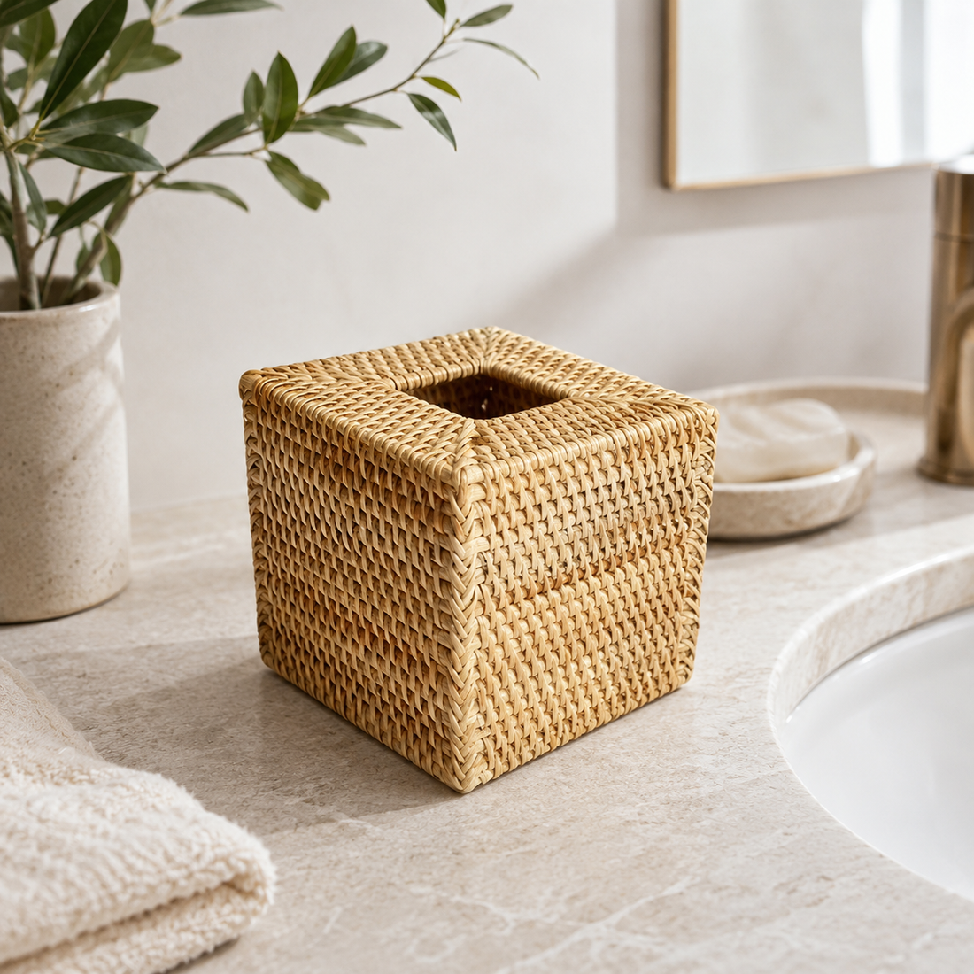 Rattan Tissue Box Cover for Vanity or Tabletop woven detail view
