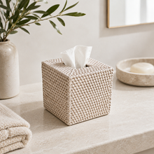 Rattan Tissue Box Cover for Vanity or Tabletop styled in a natural home setting