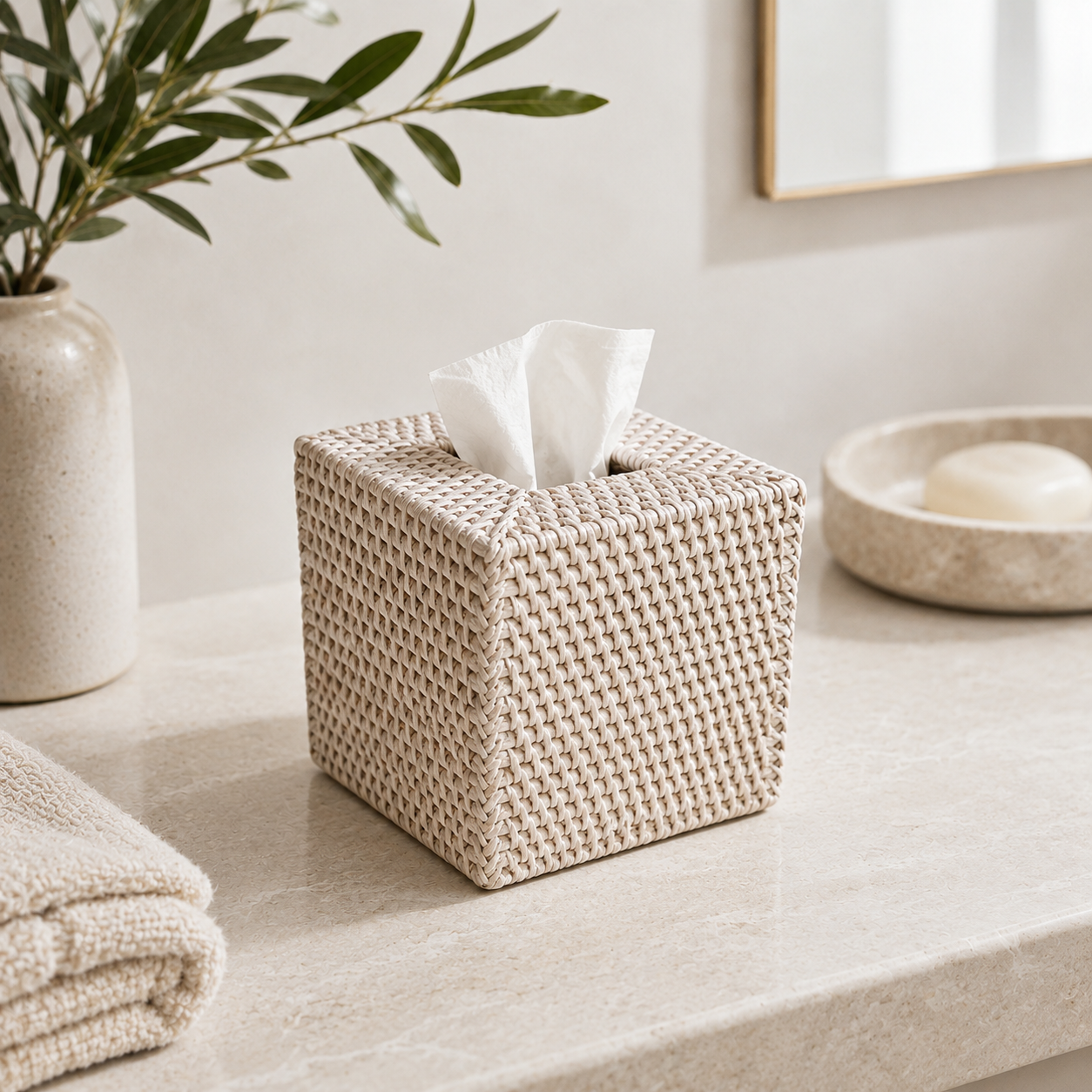 Rattan Tissue Box Cover for Vanity or Tabletop styled in a natural home setting