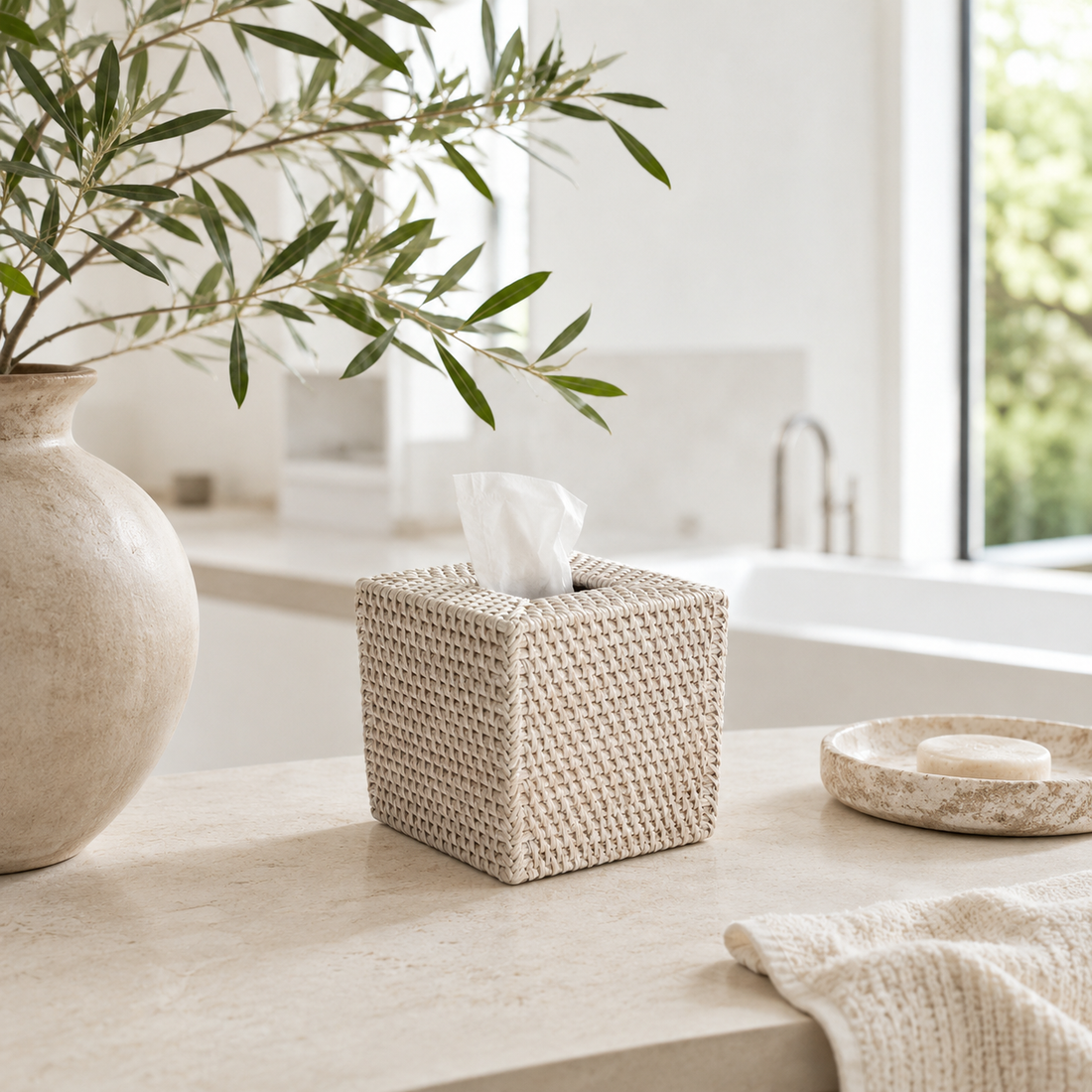 Rattan Tissue Box Cover for Vanity or Tabletop close-up texture