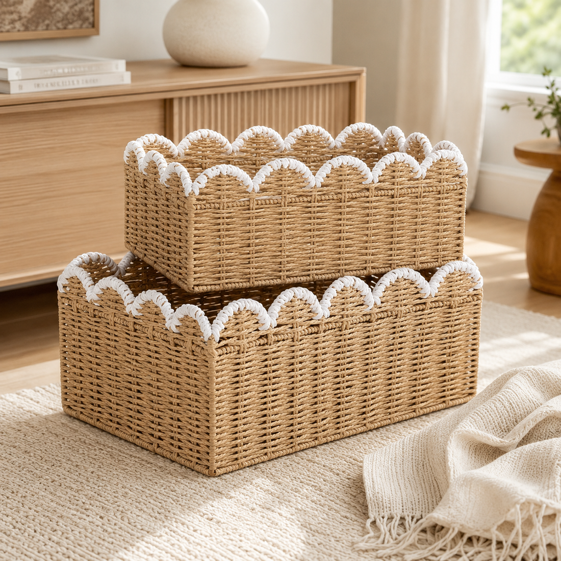 Scalloped Edge Woven Storage Basket woven detail view