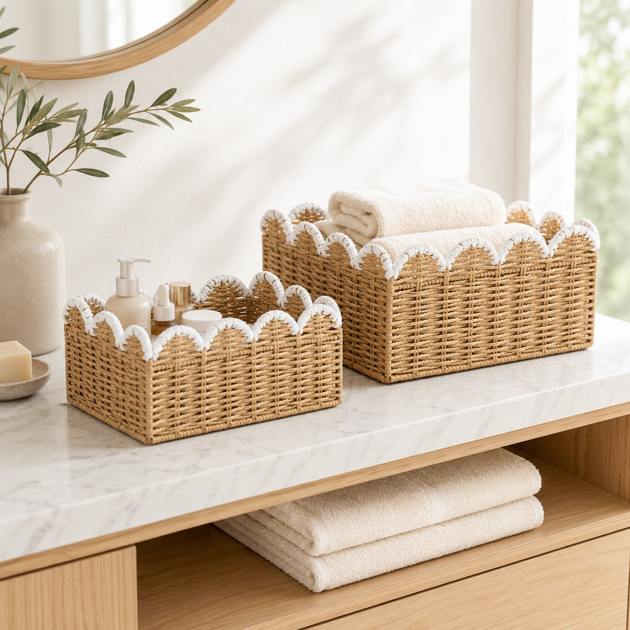 Scalloped Edge Woven Storage Basket styled in a natural home setting