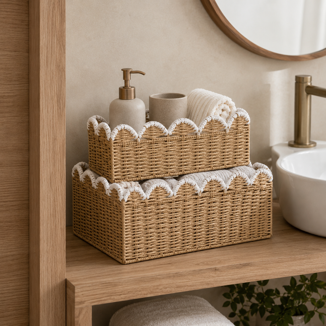 Scalloped Edge Woven Storage Basket tabletop or shelf display