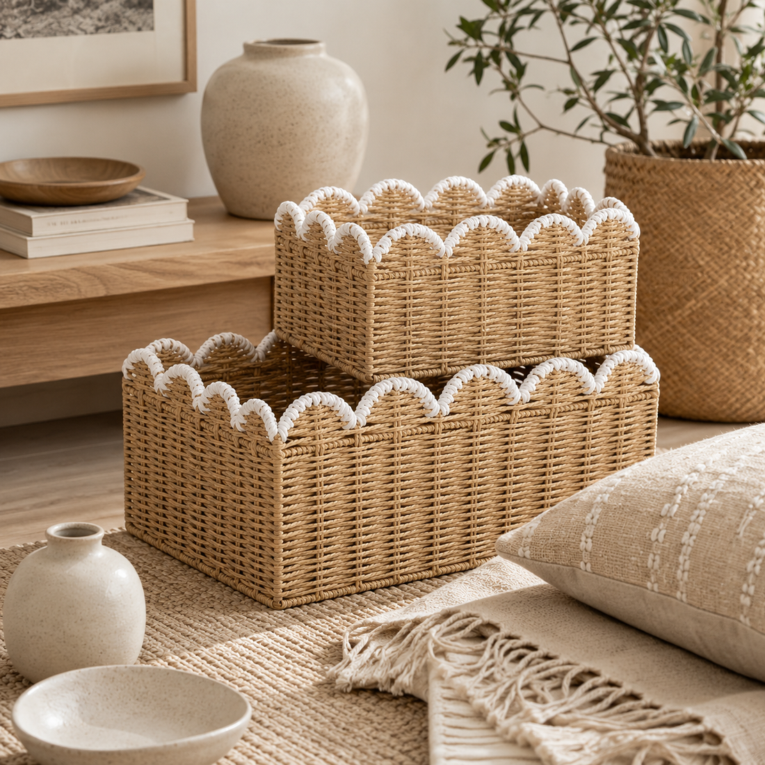 scalloped woven storage basket product view