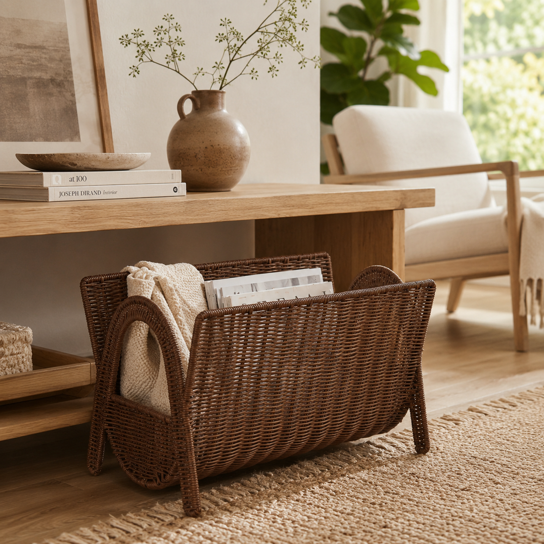 Woven Living Room Basket with Natural Texture styled in a natural home setting