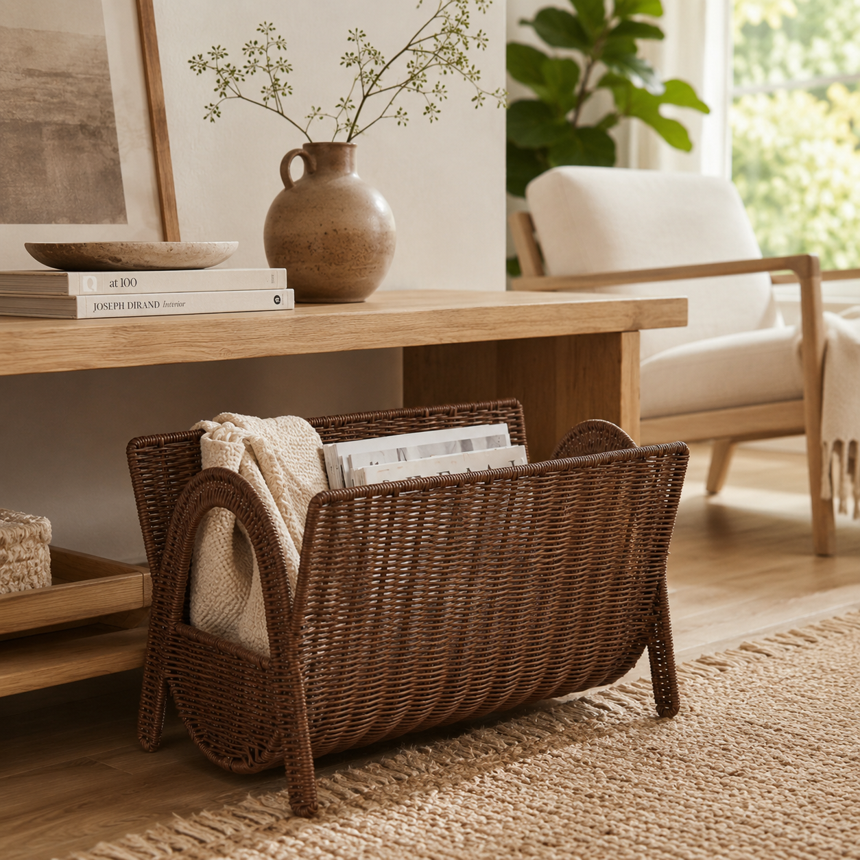Woven Living Room Basket with Natural Texture styled in a natural home setting