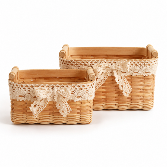 Woven Wood Storage Basket with Lace Bow | 2 Sizes