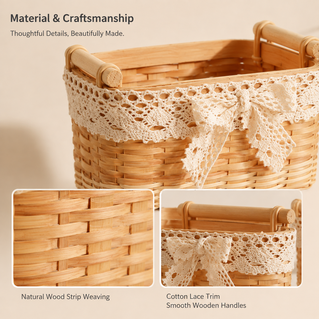 Woven Wood Storage Basket with Lace Bow | 2 Sizes