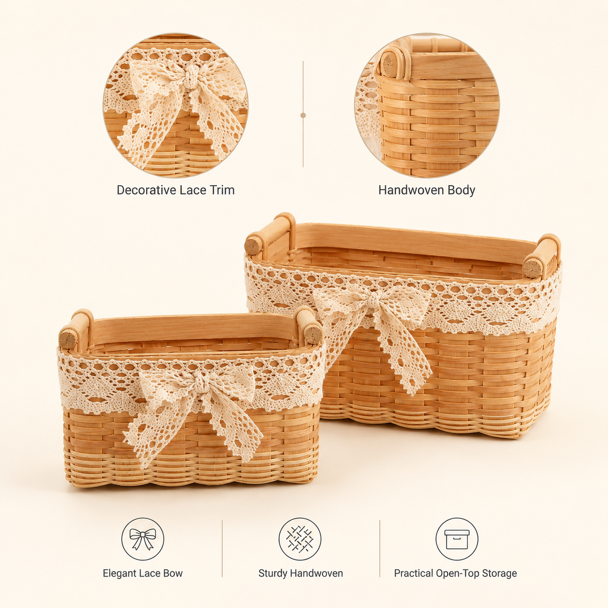 Woven Wood Storage Basket with Lace Bow | 2 Sizes
