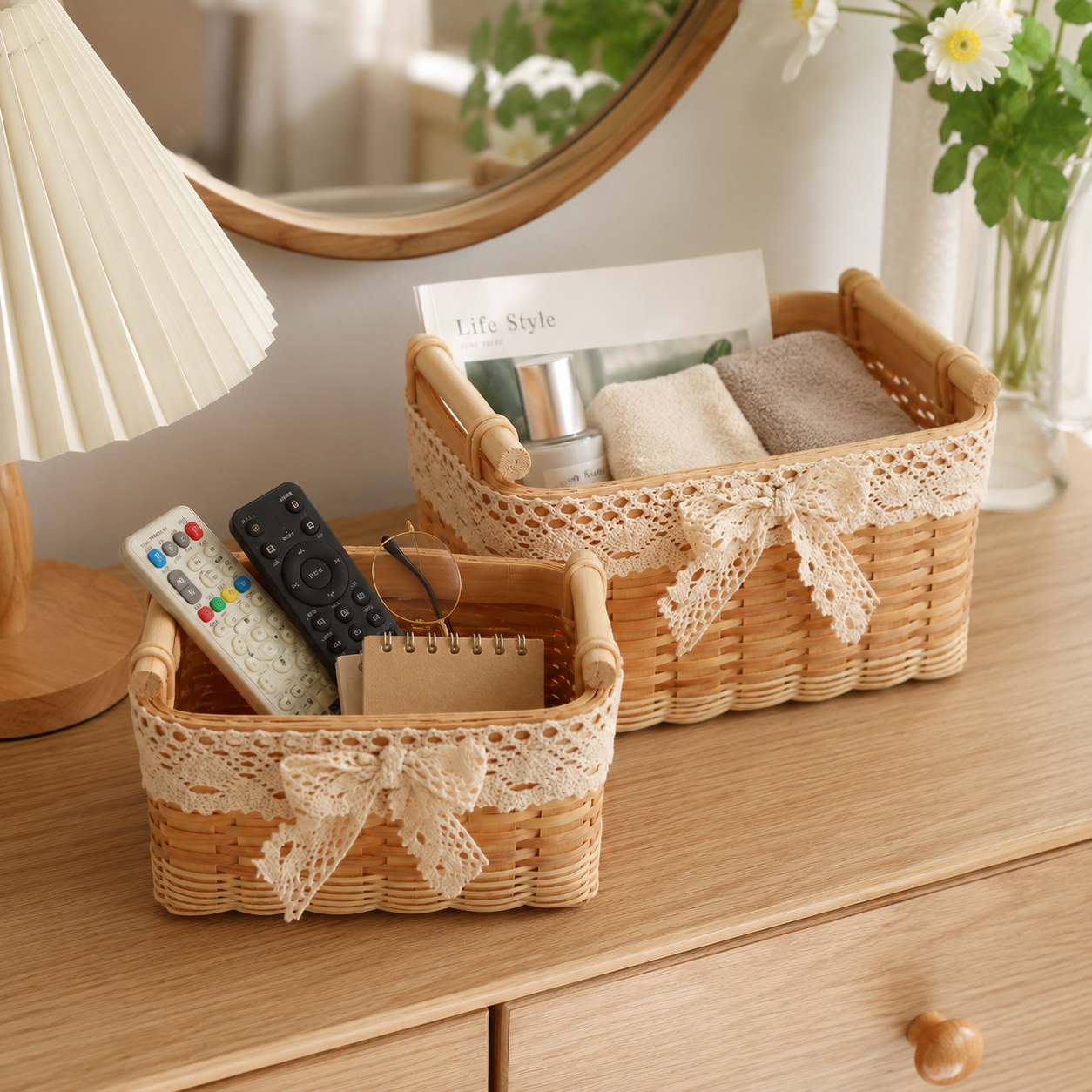 Woven Wood Storage Basket with Lace Bow | 2 Sizes