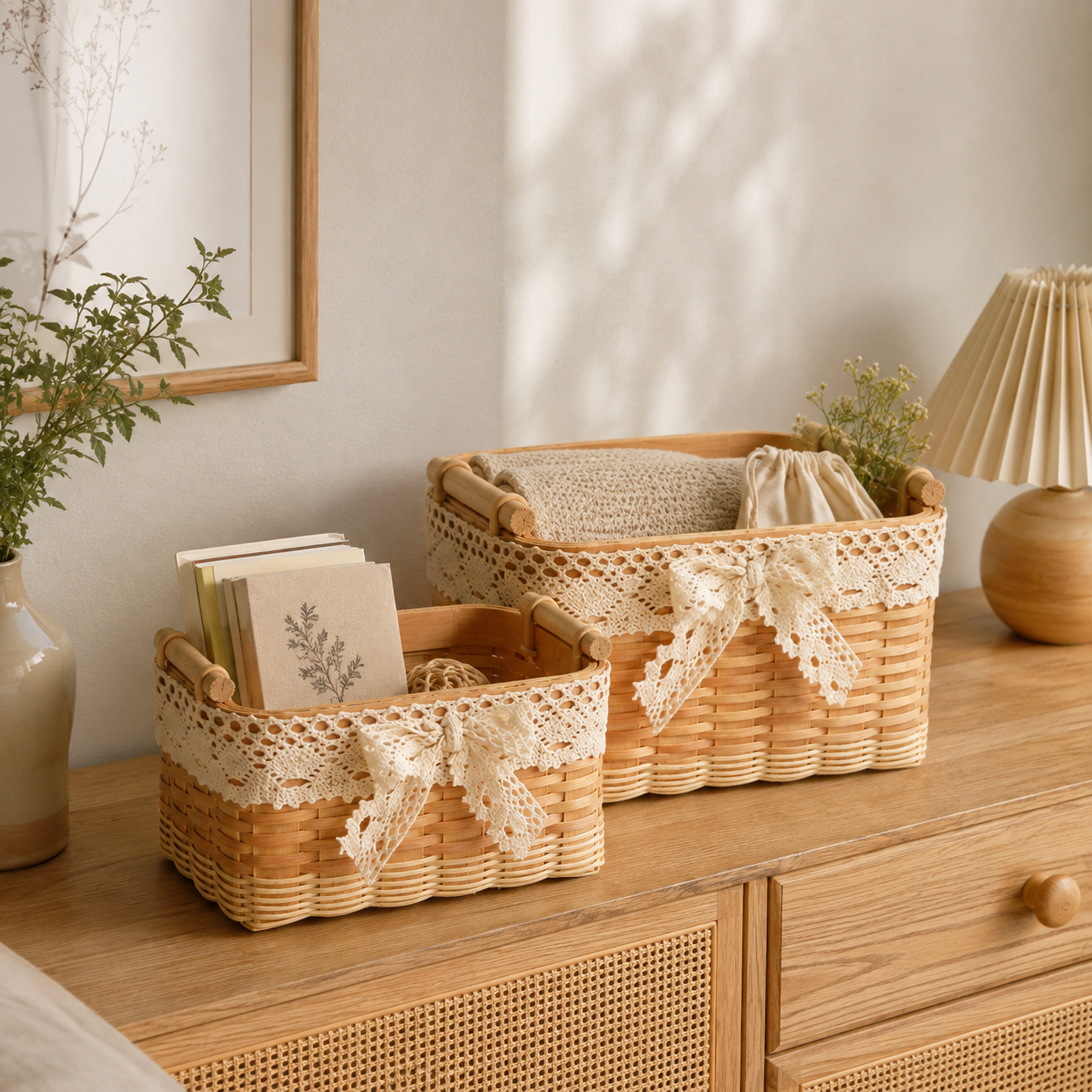 Woven Wood Storage Basket with Lace Bow | 2 Sizes