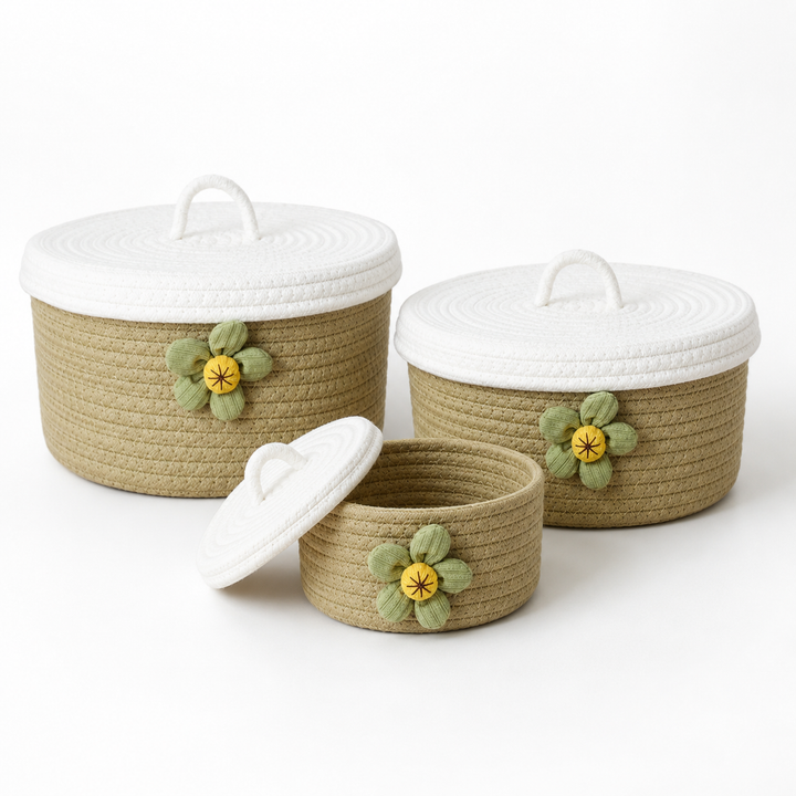 Round Cotton Rope Storage Basket with Lid & Flower | 3 Sizes