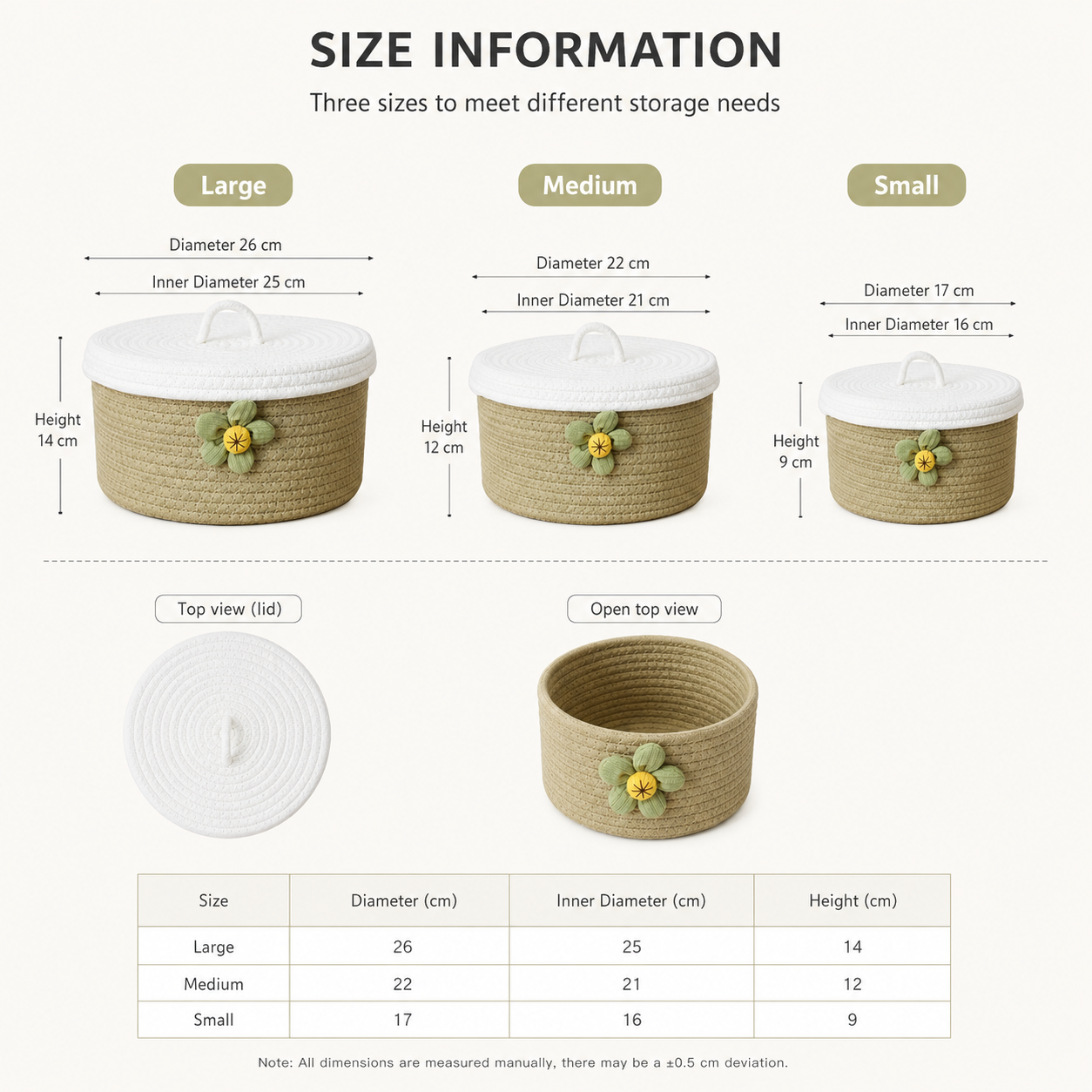 Round Cotton Rope Storage Basket with Lid & Flower | 3 Sizes