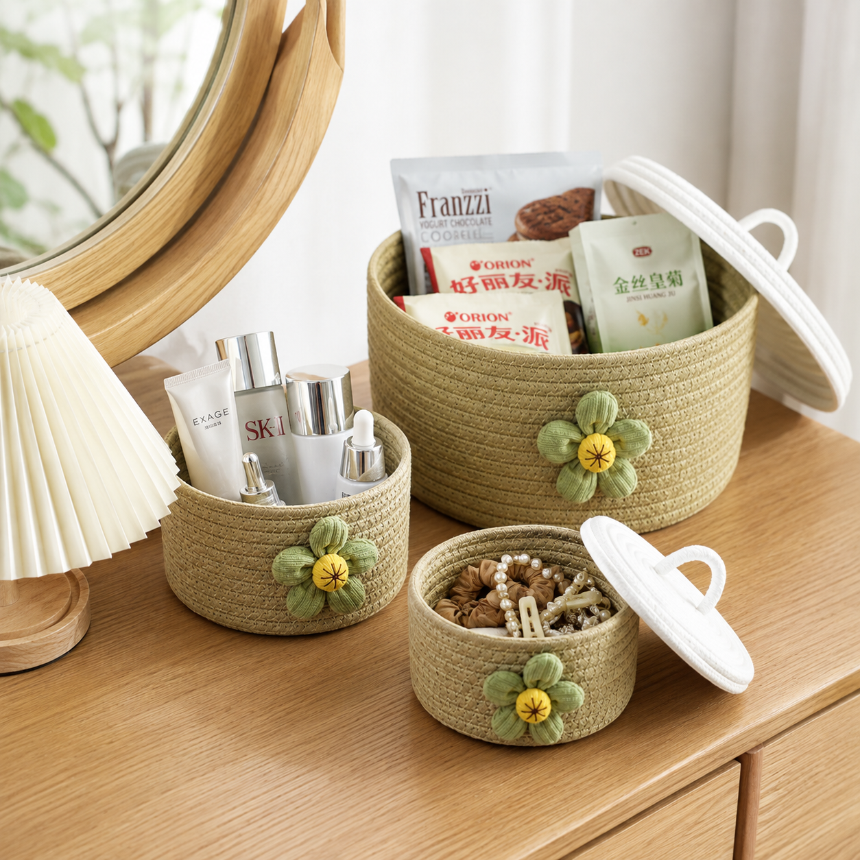 Round Cotton Rope Storage Basket with Lid & Flower | 3 Sizes