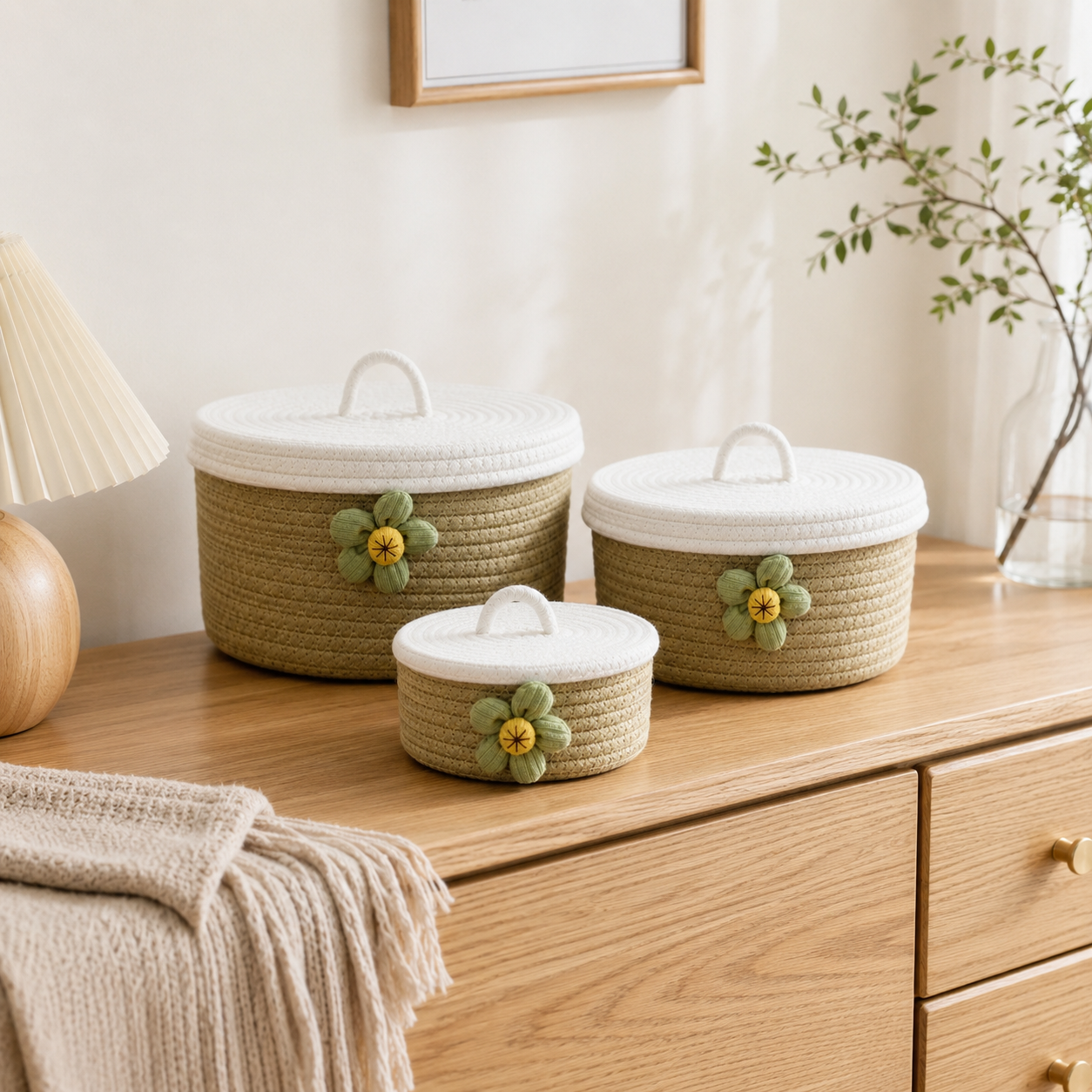 Round Cotton Rope Storage Basket with Lid & Flower | 3 Sizes