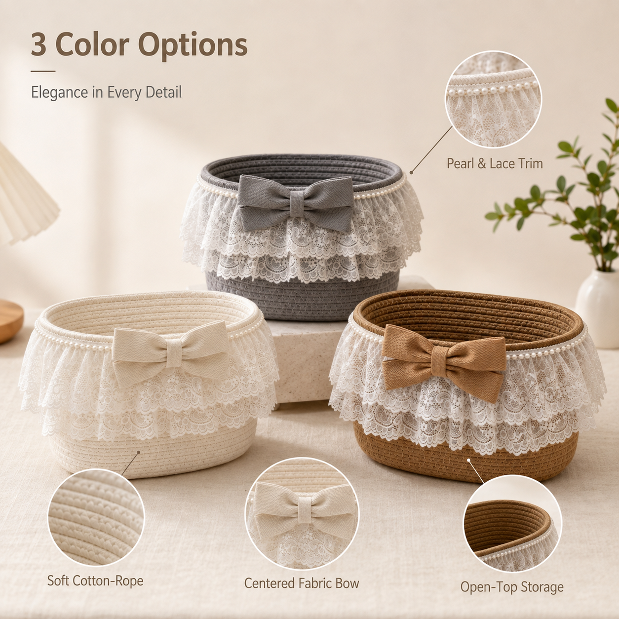 Lace Cotton Rope Storage Basket with Bow | 28cm