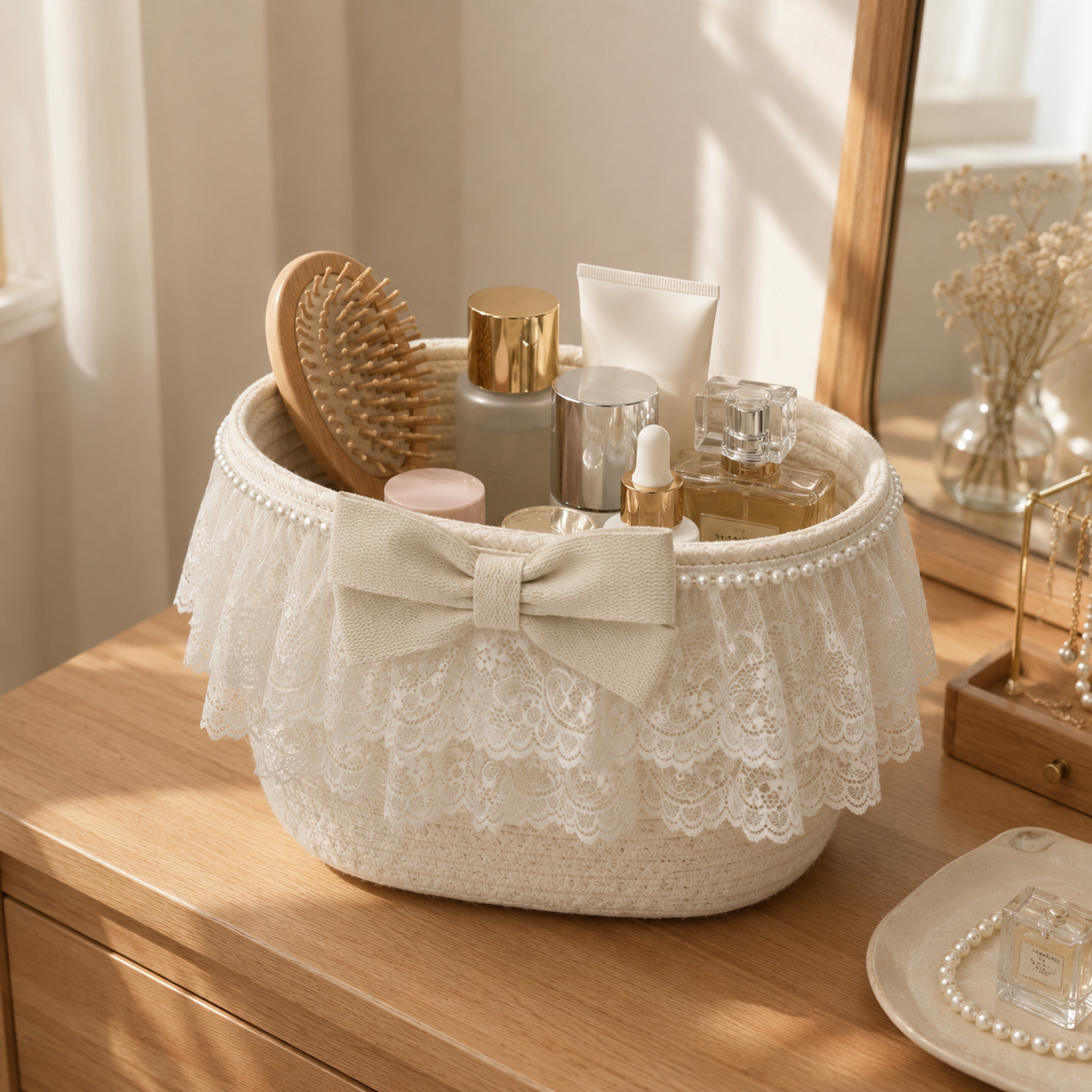 Lace Cotton Rope Storage Basket with Bow | 28cm