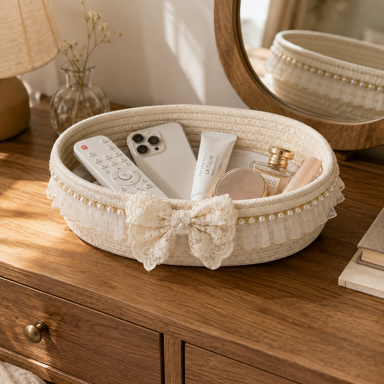 Lace Cotton Rope Storage Basket with Bow | 27cm