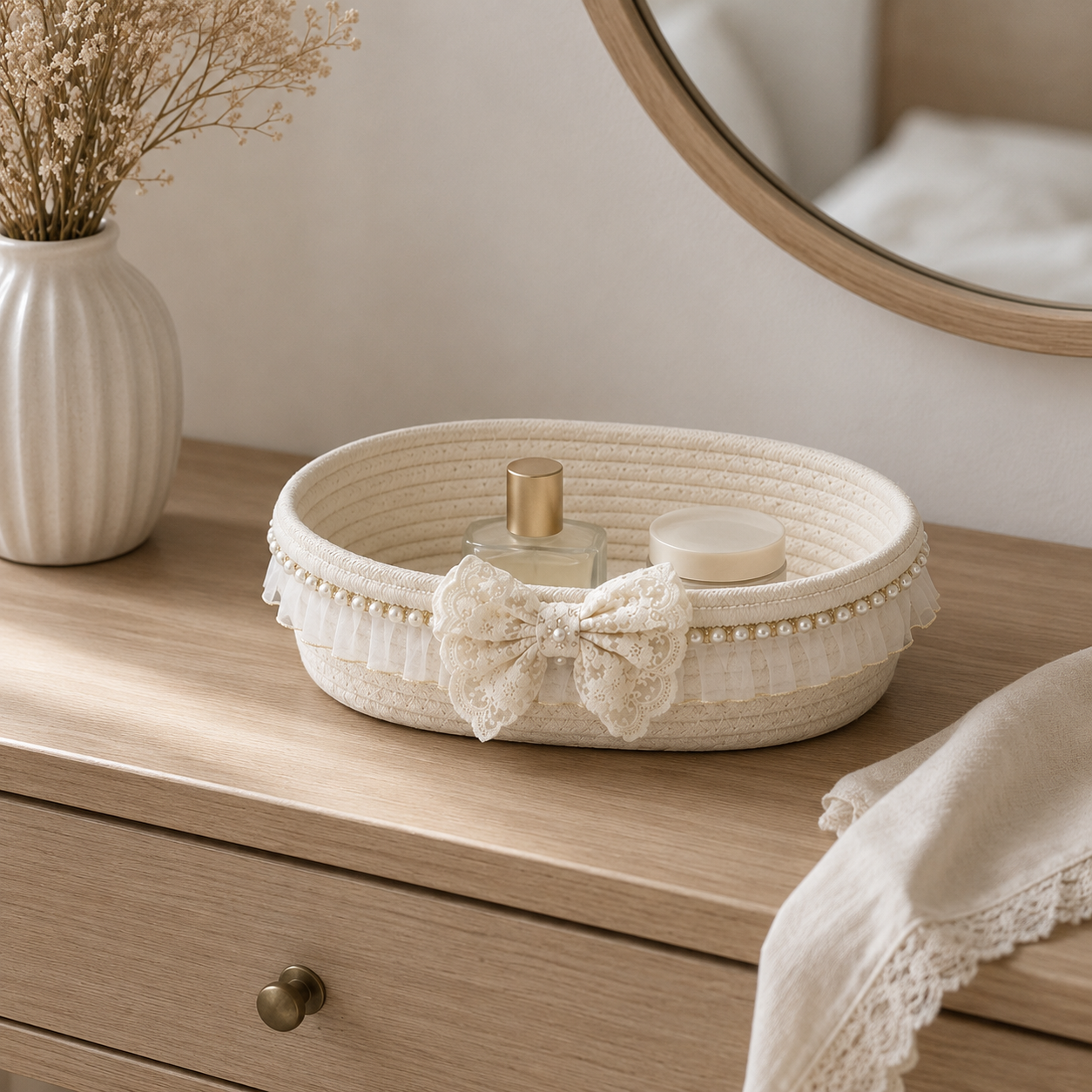 Lace Cotton Rope Storage Basket with Bow | 27cm