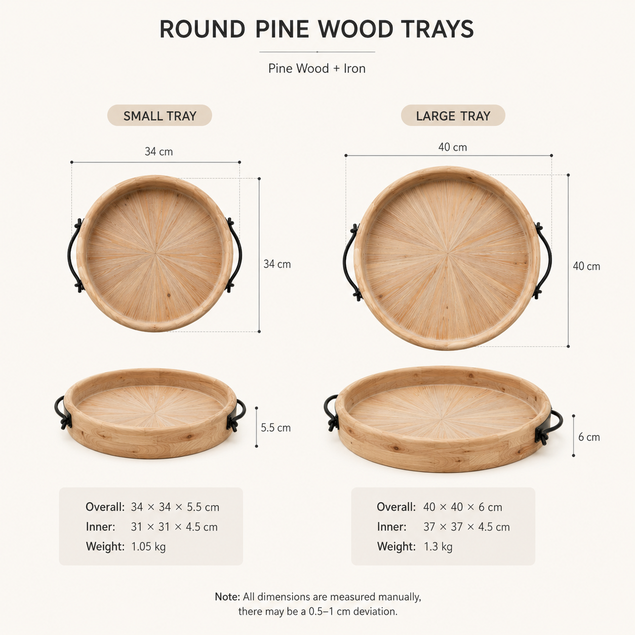 Round Wooden Serving Tray with Metal Handles | 2 Sizes