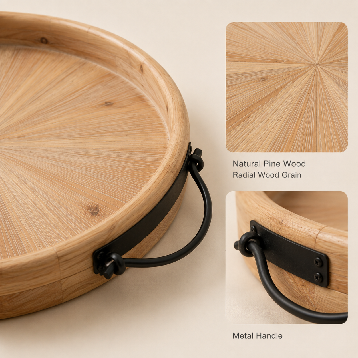 Round Wooden Serving Tray with Metal Handles | 2 Sizes