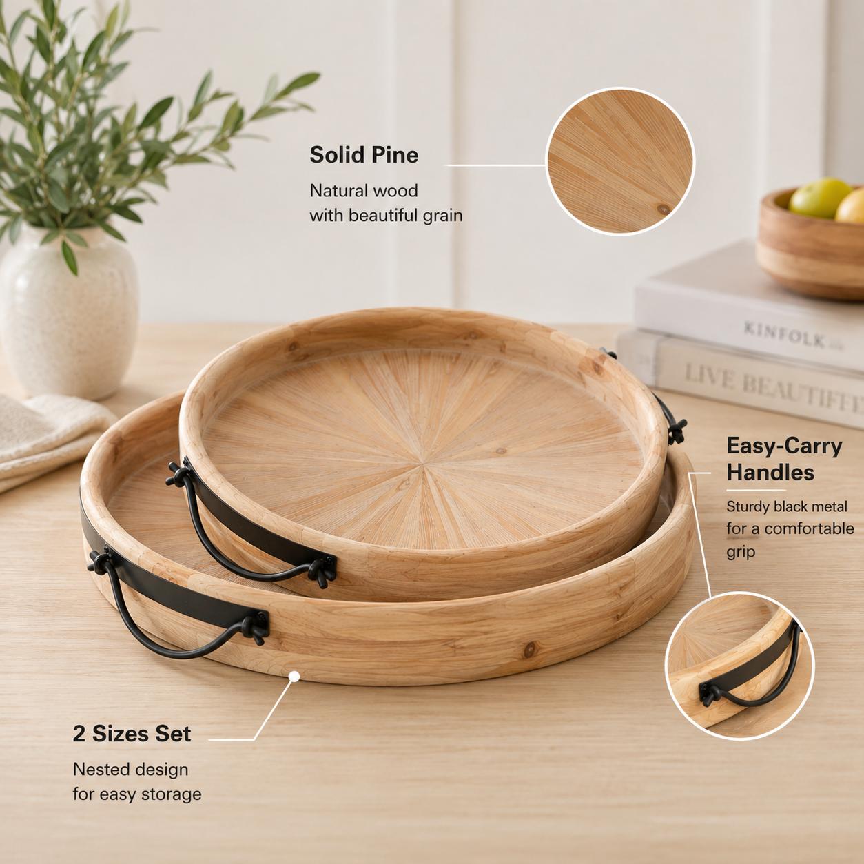 Round Wooden Serving Tray with Metal Handles | 2 Sizes