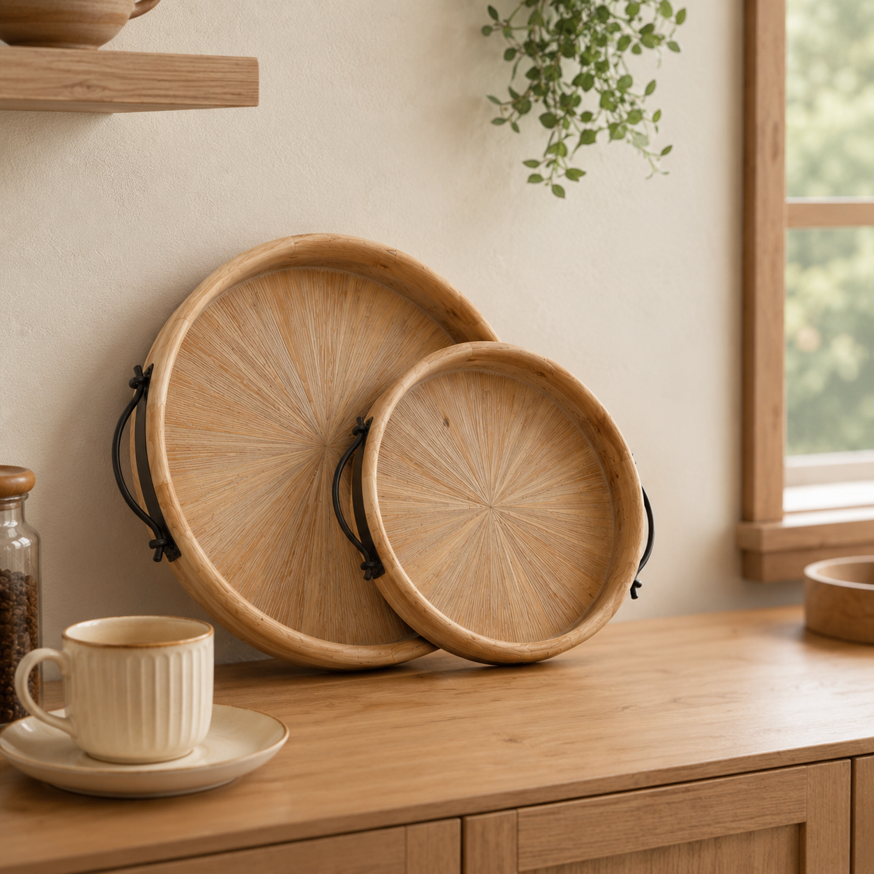 Round Wooden Serving Tray with Metal Handles | 2 Sizes