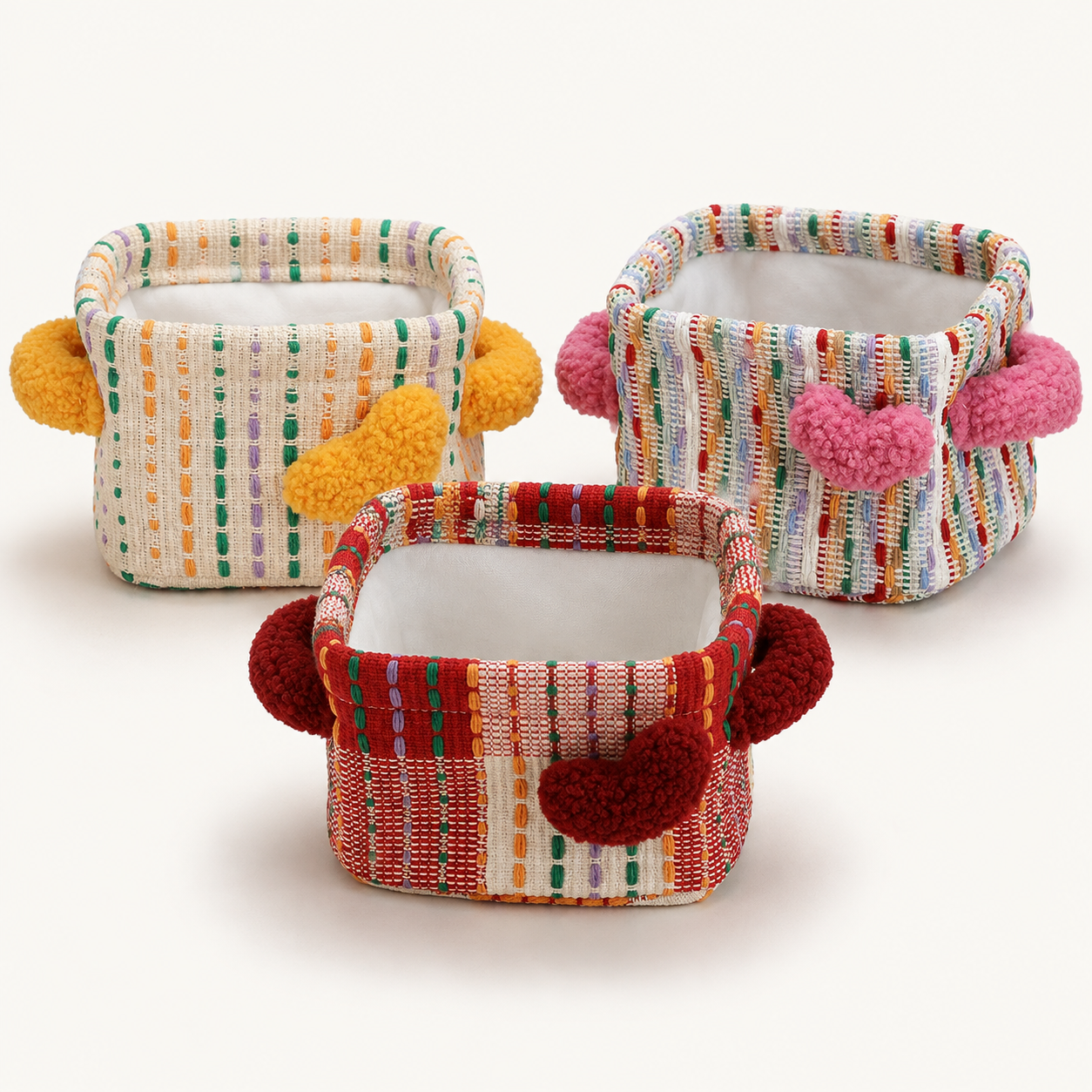 Colorful Woven Storage Basket with Plush Hearts | 3 Colors