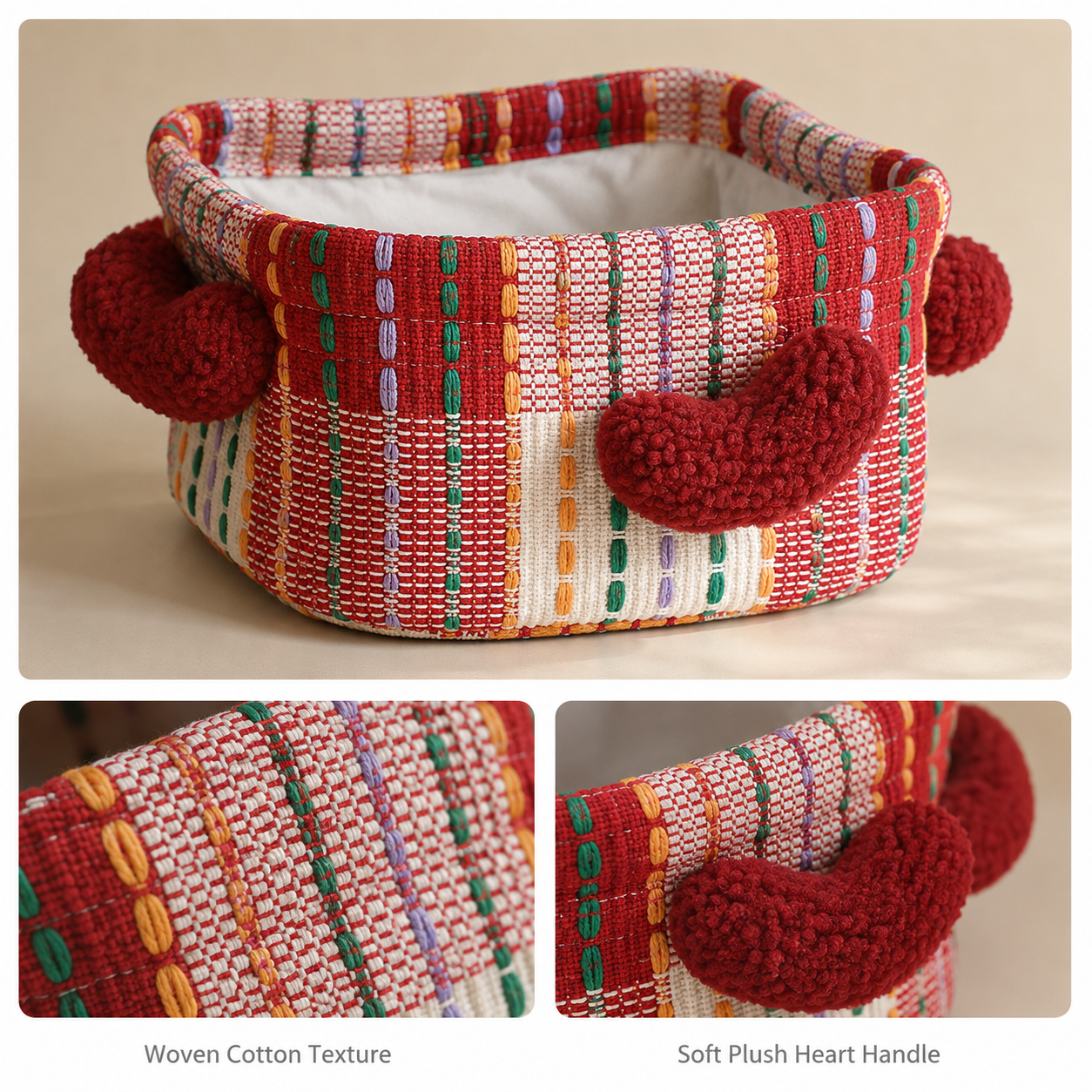 Colorful Woven Storage Basket with Plush Hearts | 3 Colors