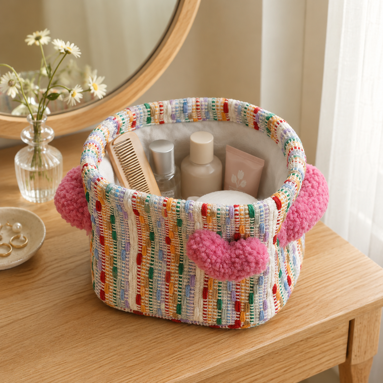 Colorful Woven Storage Basket with Plush Hearts | 3 Colors