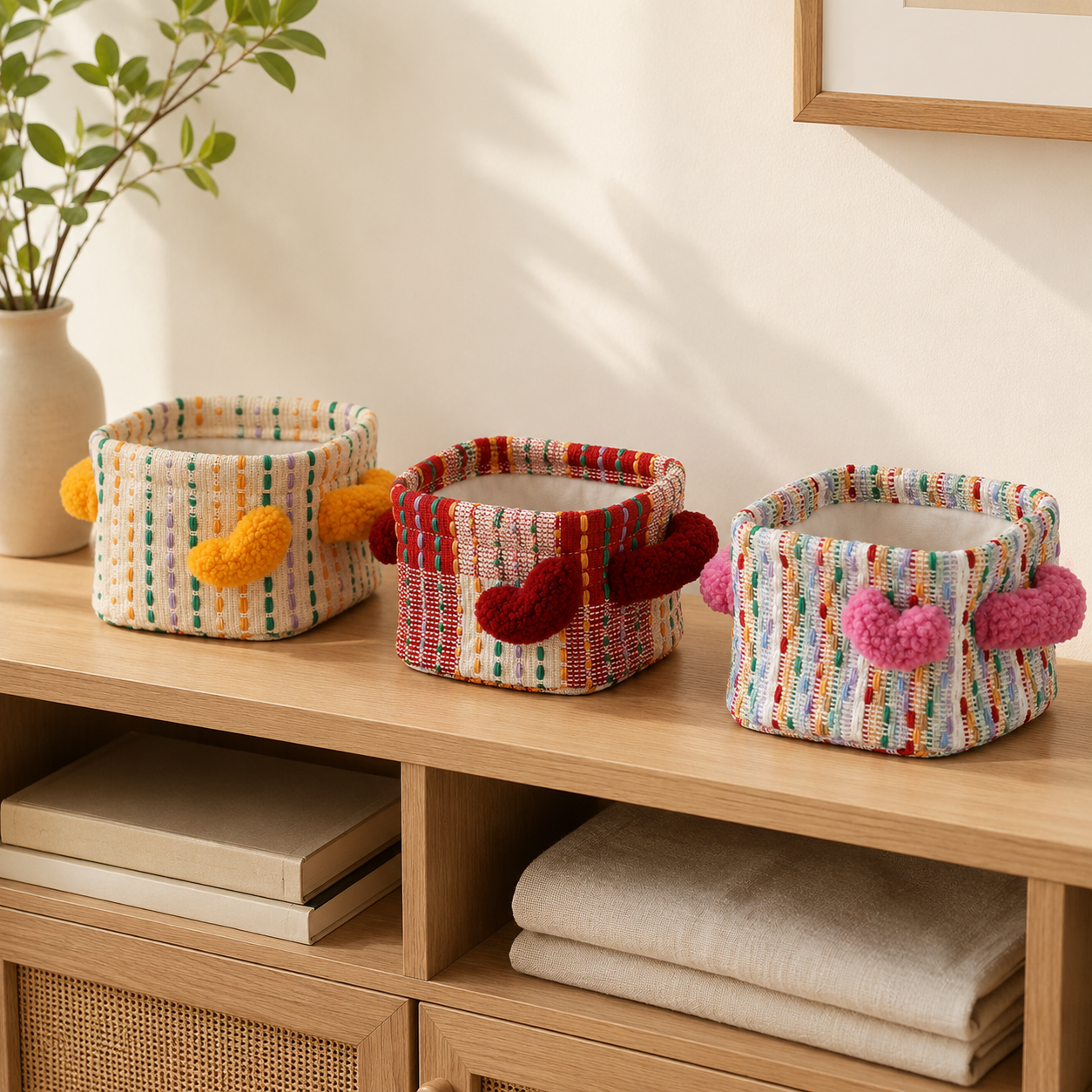 Colorful Woven Storage Basket with Plush Hearts | 3 Colors