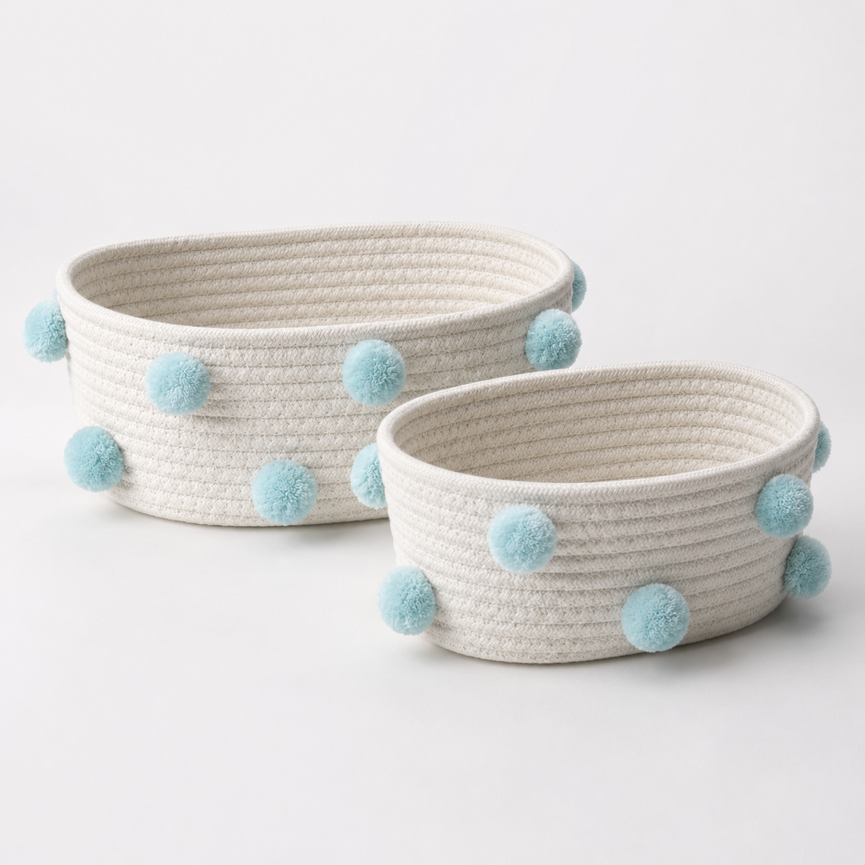 Blue Pom Pom Cotton Rope Storage Basket | 2 Sizes