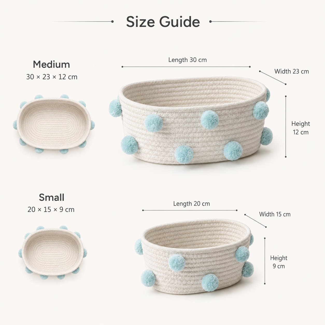 Blue Pom Pom Cotton Rope Storage Basket | 2 Sizes
