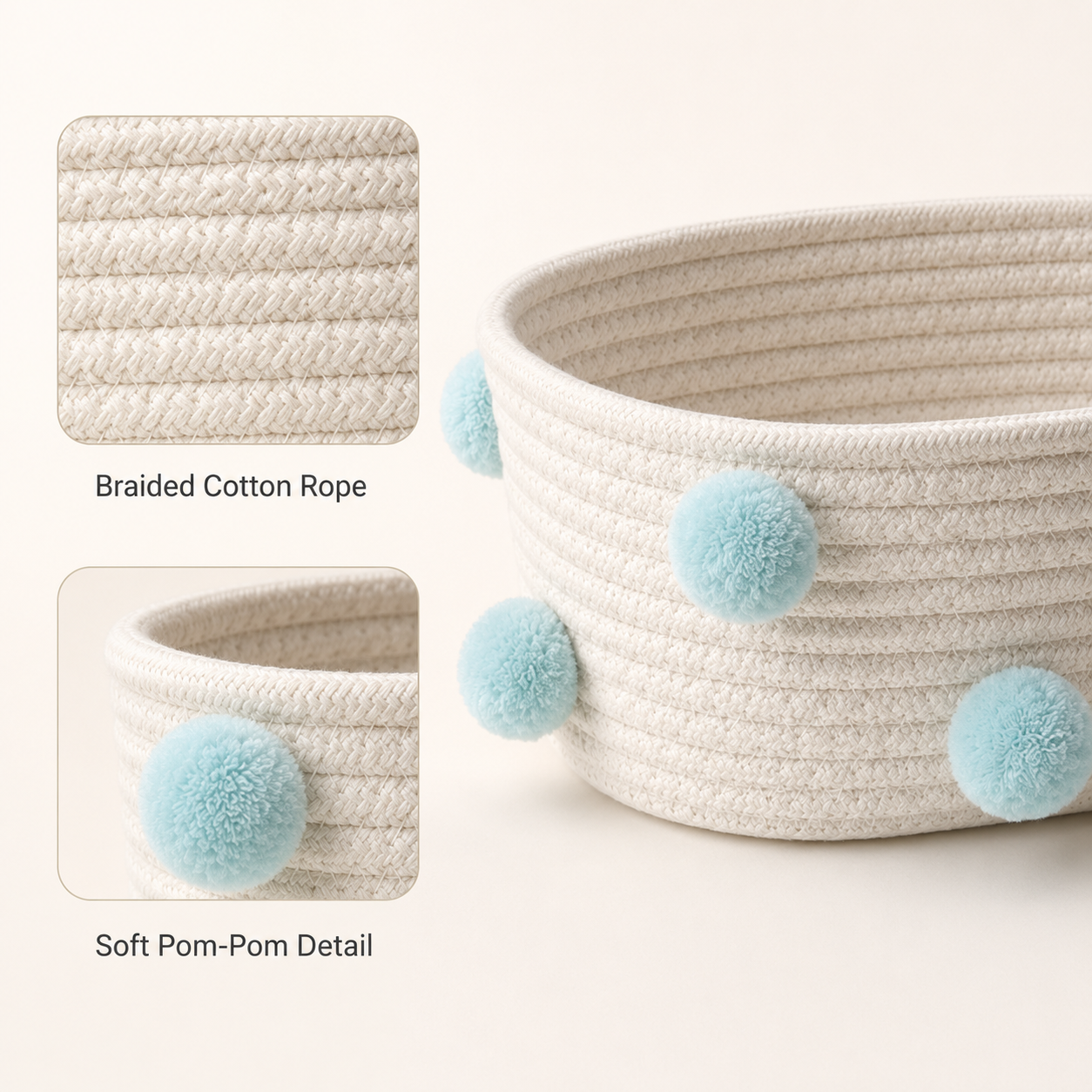 Blue Pom Pom Cotton Rope Storage Basket | 2 Sizes