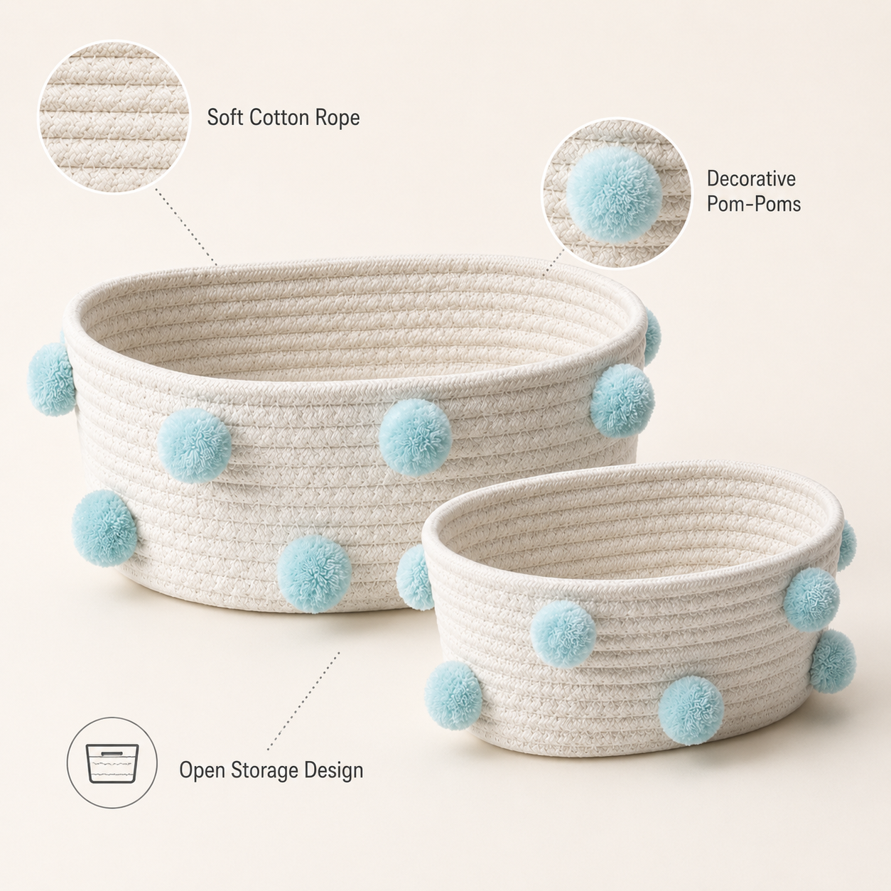 Blue Pom Pom Cotton Rope Storage Basket | 2 Sizes