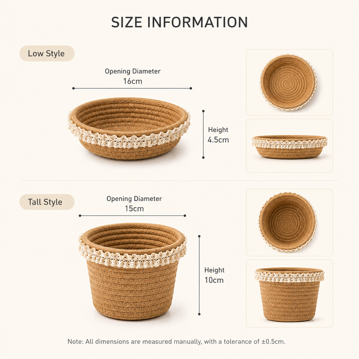 Cotton Rope Storage Basket with Lace Trim | 2 Styles