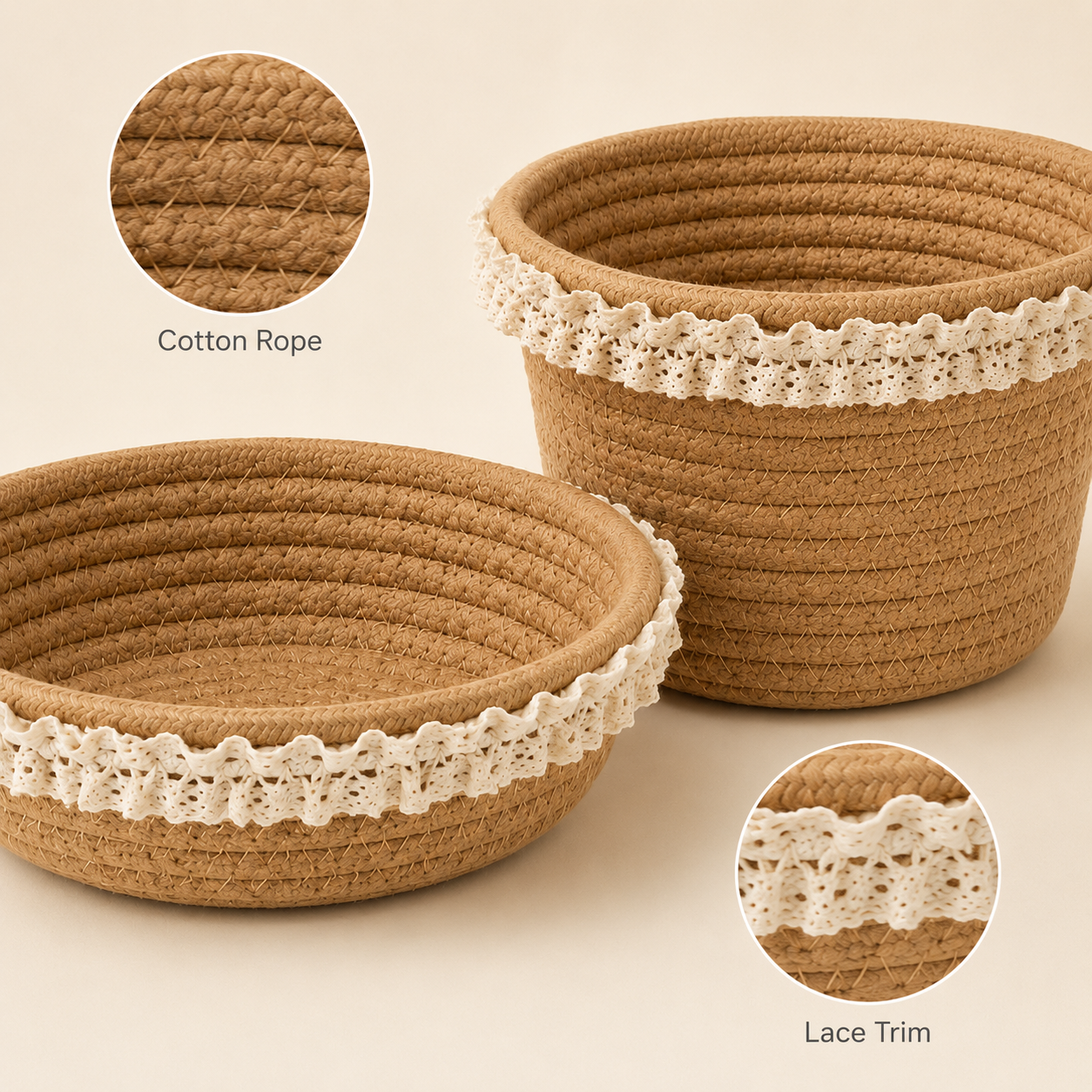 Cotton Rope Storage Basket with Lace Trim | 2 Styles