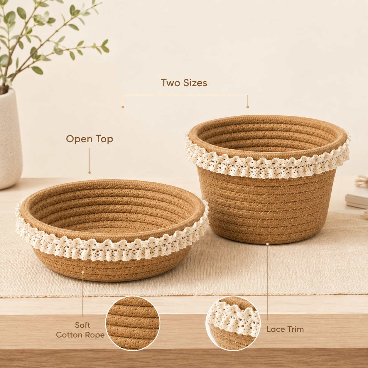 Cotton Rope Storage Basket with Lace Trim | 2 Styles