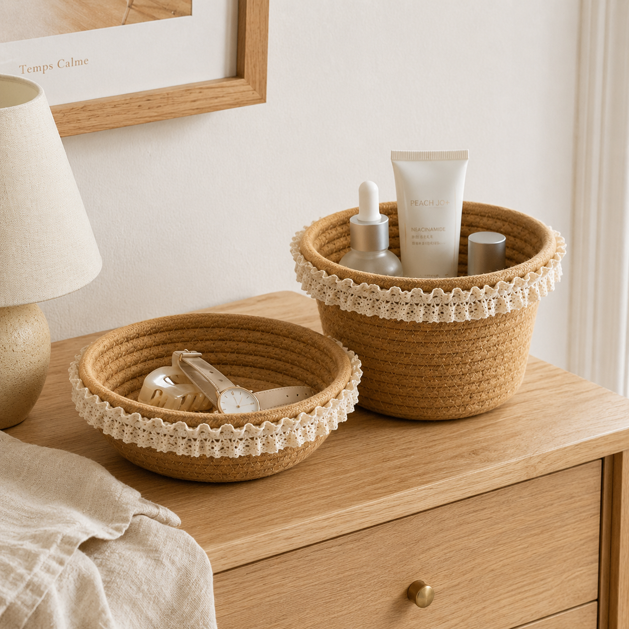 Cotton Rope Storage Basket with Lace Trim | 2 Styles