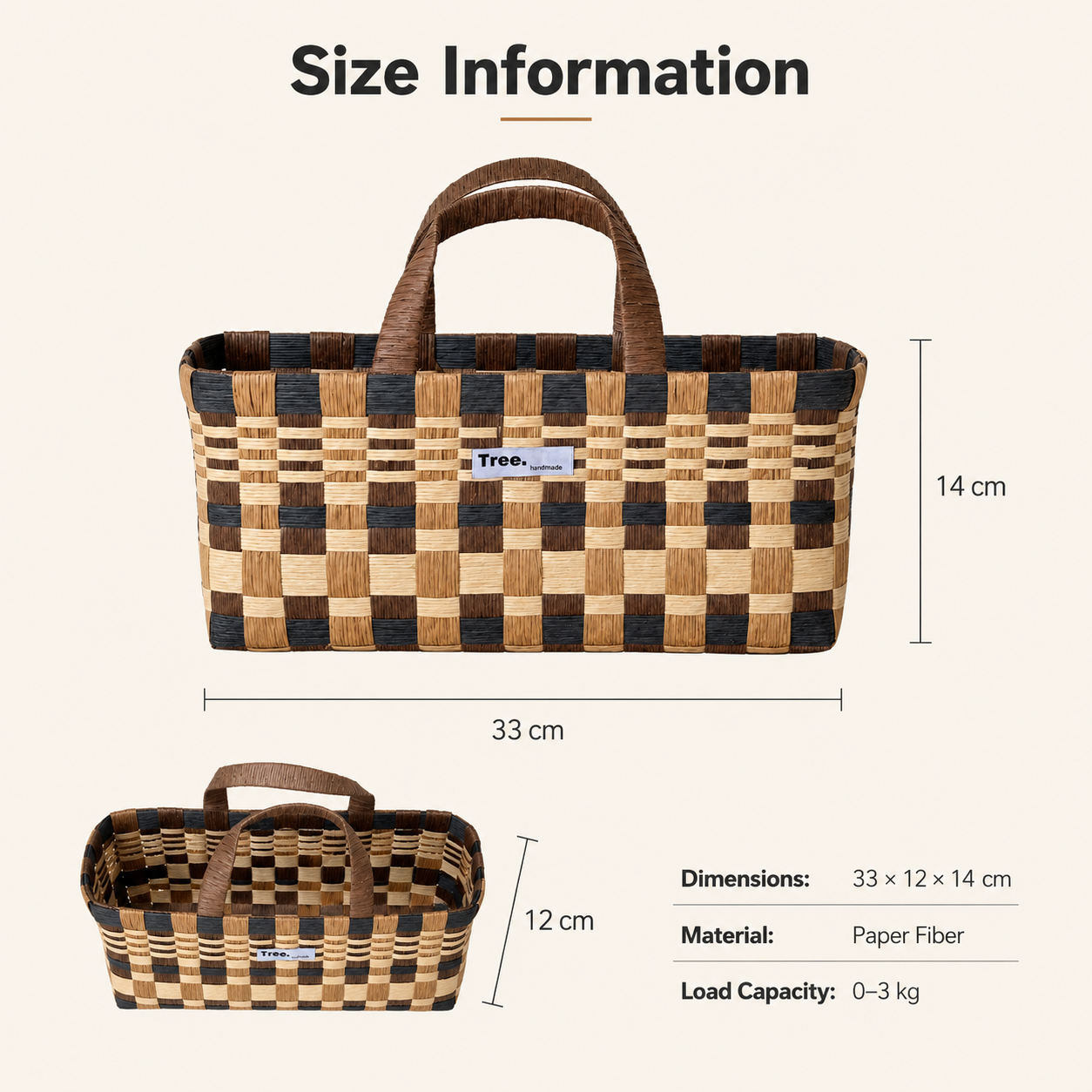 Handwoven Paper Fiber Tote Basket with Handles | 33cm