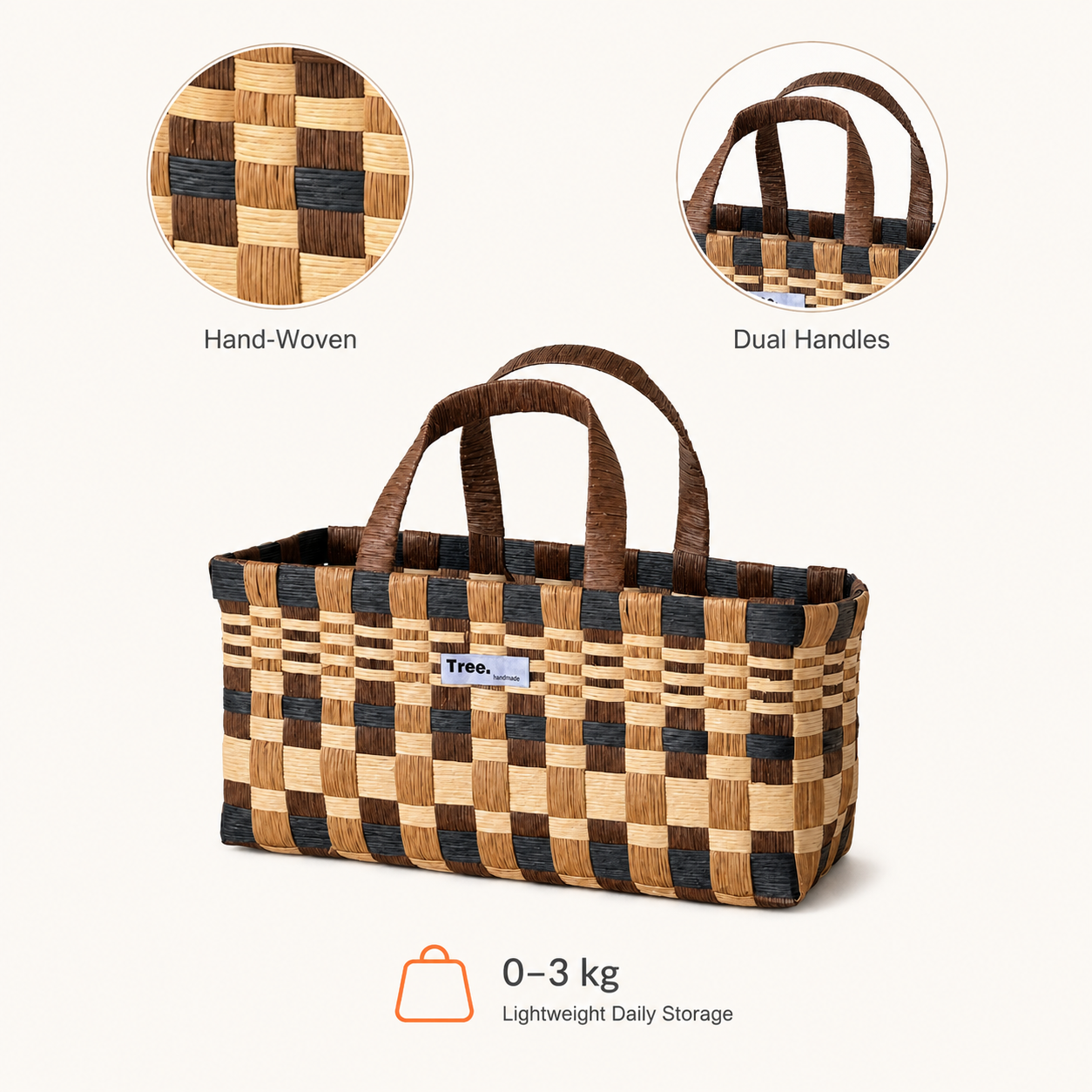 Handwoven Paper Fiber Tote Basket with Handles | 33cm