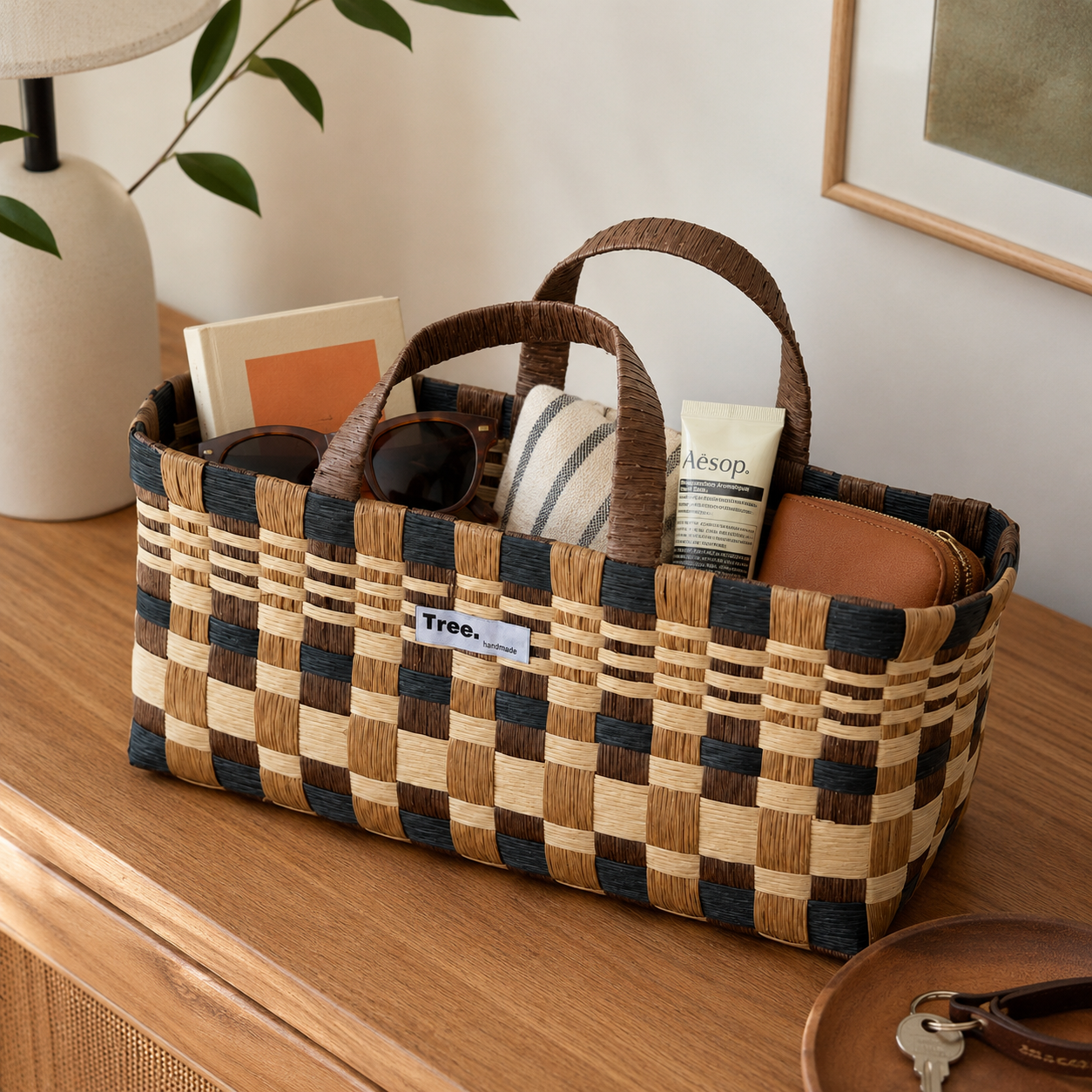 Handwoven Paper Fiber Tote Basket with Handles | 33cm