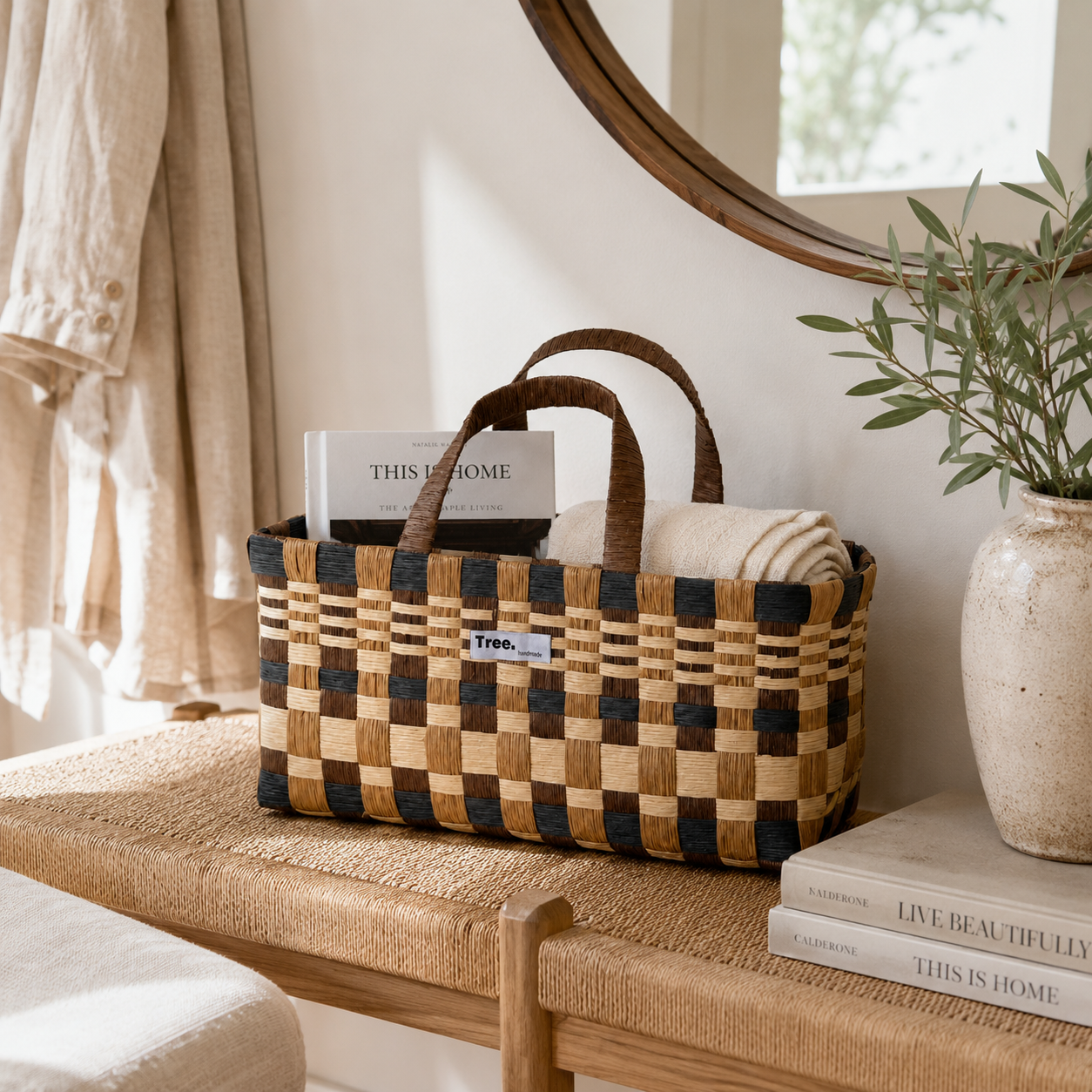 Handwoven Paper Fiber Tote Basket with Handles | 33cm