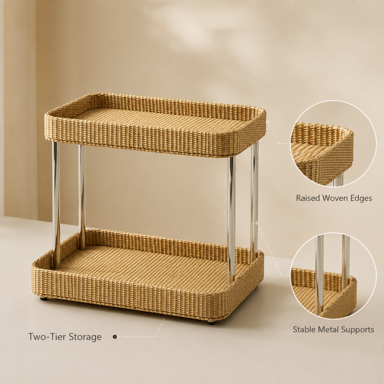 2-Tier Woven Storage Rack with Grass Woven Trays | Countertop Organizer