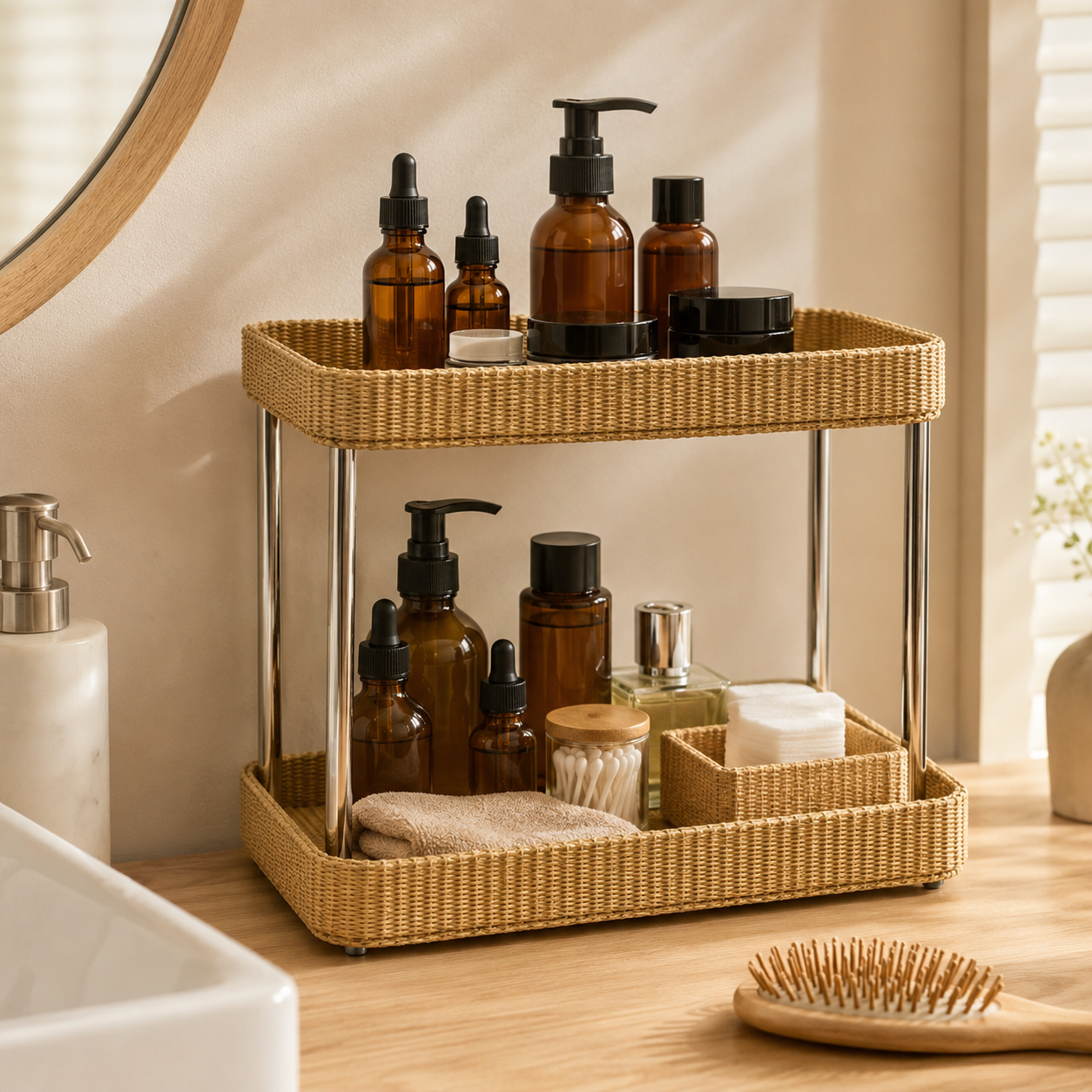 2-Tier Woven Storage Rack with Grass Woven Trays | Countertop Organizer