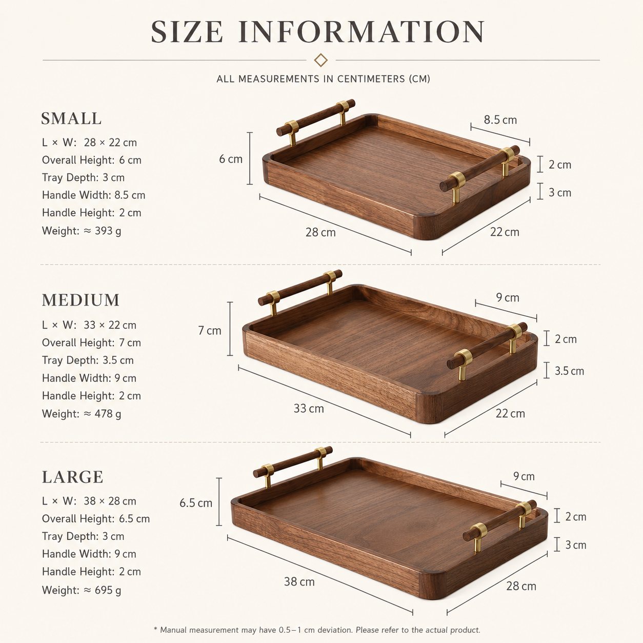 Black Walnut Serving Tray with Brass Handles | 3 Sizes
