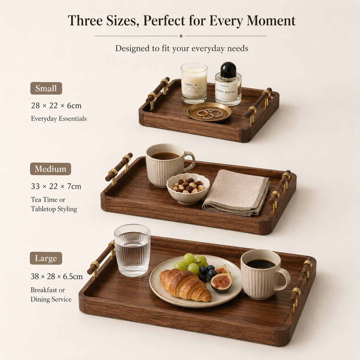 Black Walnut Serving Tray with Brass Handles | 3 Sizes