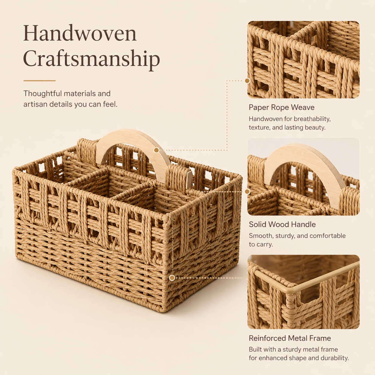 Woven Divided Storage Basket with Handle | 6 Compartments